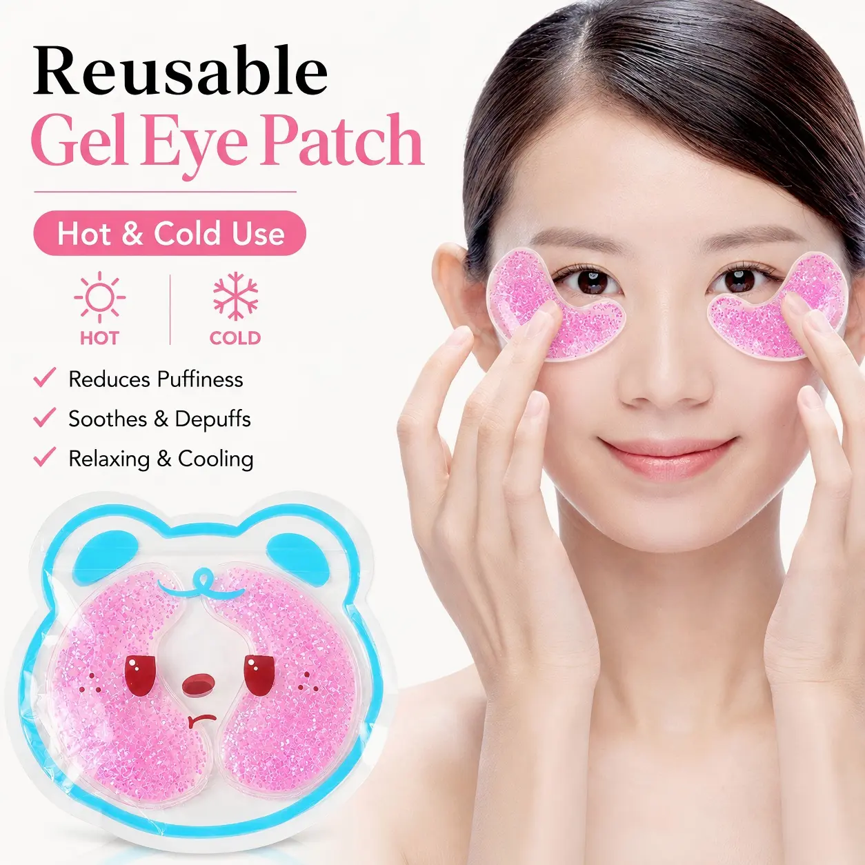 1 Pair Pink Reusable Gel Eye Patches, Hot & Cold Compress Pads for Soothing Relaxation, Home, Travel, Spa Nights & Self-Care