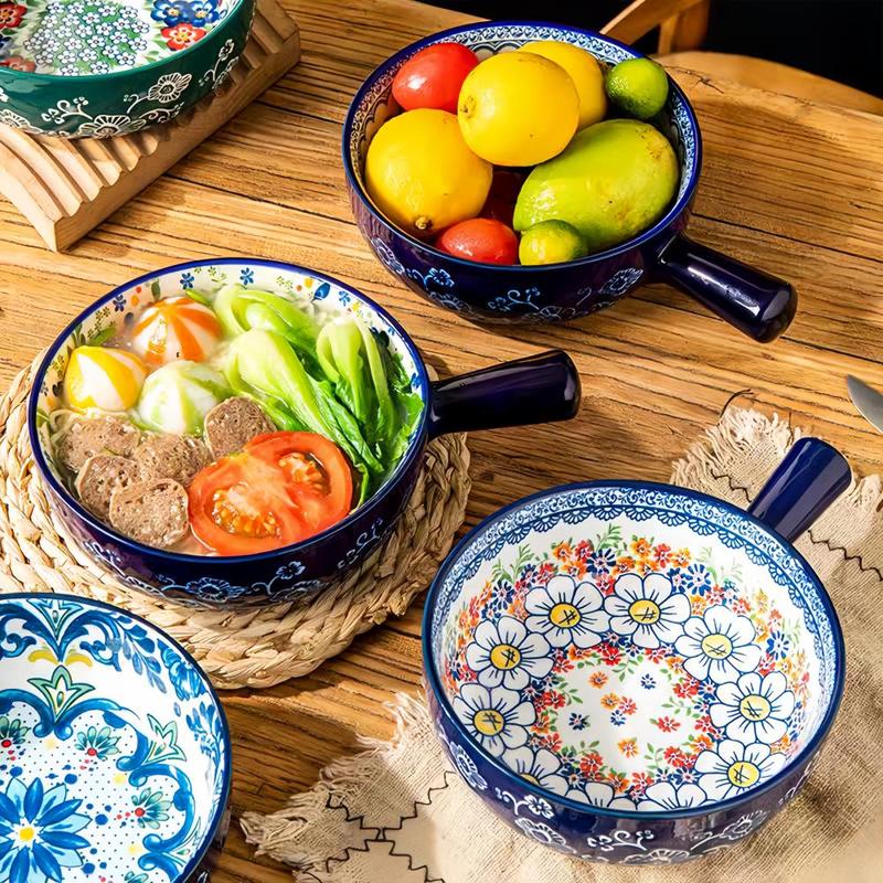 Boho Style Ceramic Salad Serving Bowls with Handle, 2 Counts/set Colorful Flower Pattern Bowl, Microwave & Oven Safe Bowl for Home Baking & Serving, Dinnerware