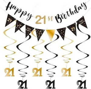 21st Birthday Decoration Kit, Happy 21st Birthday Banner Bunting Swirls Streamers, Triangle Flag Banner for Birthday Party Decoration