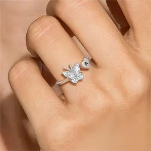 ChicSilver S925 Halo Ring Initial Letter Alphabet Butterfly Shape Stackable Dainty Daily Minimalist Simple Casual High Polished Sparkling Shiny 925 Sterling Silver Cubic Zirconia Adjustable Open Ring Gift for Women