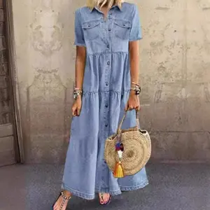 2025 New Denim Style Long Multi-Button Distressed Summer Dress