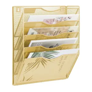 5 Pocket Mesh Hanging Wall File Organizer, Wall Mounted Mail Paper Document Folder Holder, Clipboard Storage Organization Magazine Rack with Nametag Label for Office Home School, Gold
