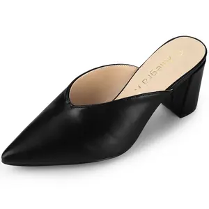 BLISSFUL STEP Pointed Toe Chunky Heels Slides Mules Black