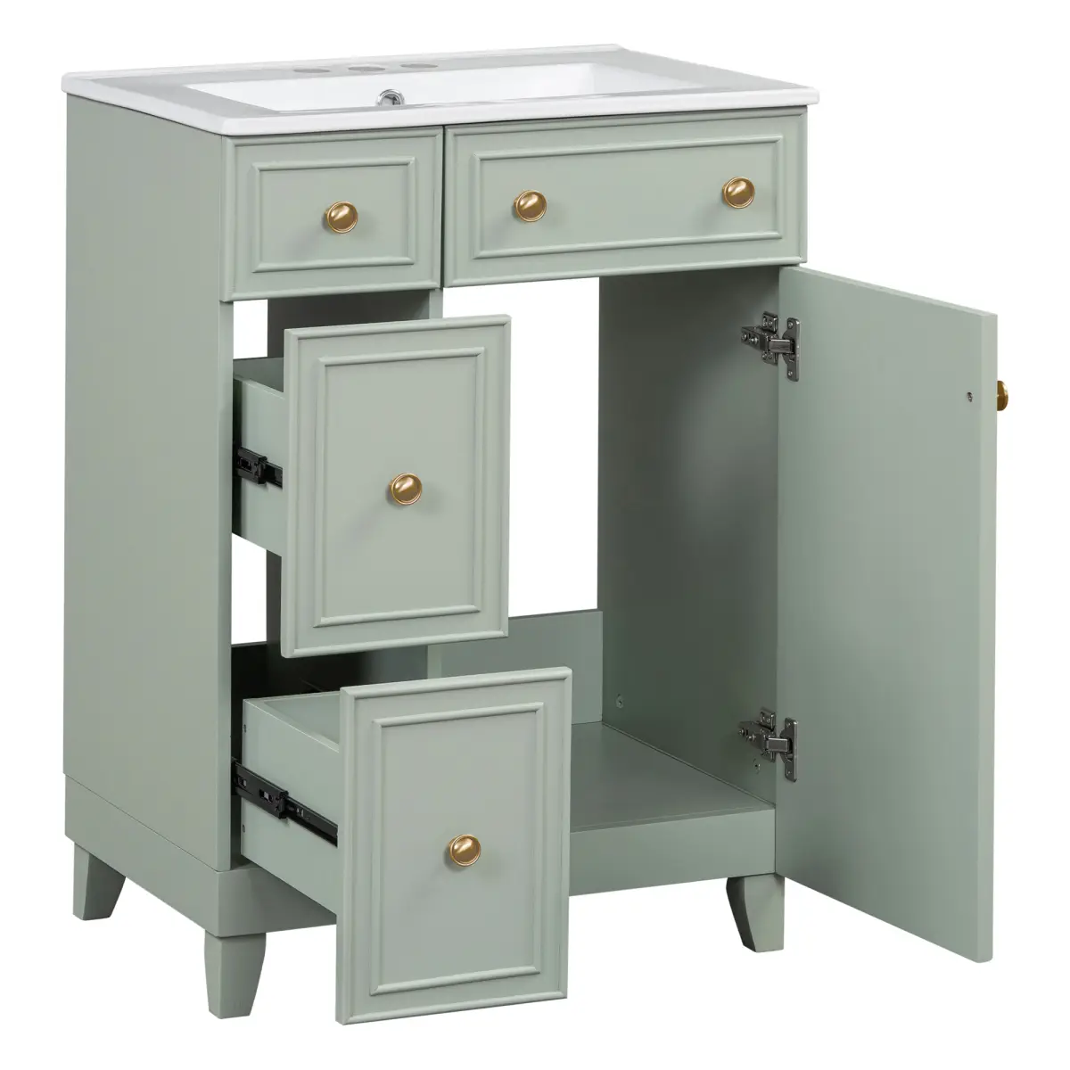 24" W x 18.3" D x 34.3" H Green Bathroom Vanity with Ceramic Sink, MDF Cabinet with Solid Wood Feet, 2 Drawers + 1 Soft-Close Door, Gold Handles, Compact Freestanding Storage Vanity for Small Bathrooms