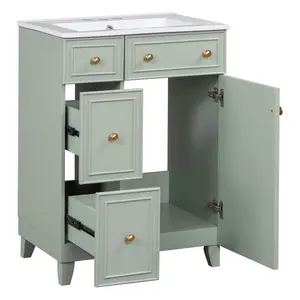 24" W x 18.3" D x 34.3" H Green Bathroom Vanity with Ceramic Sink, MDF Cabinet with Solid Wood Feet, 2 Drawers + 1 Soft-Close Door, Gold Handles, Compact Freestanding Storage Vanity for Small Bathrooms