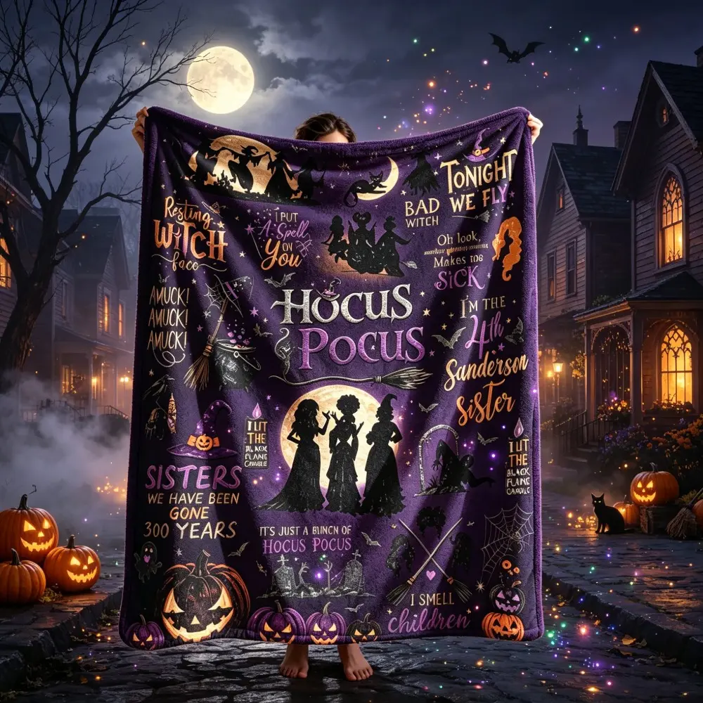 Hocus Pocus Halloween Flannel Throw Blanket, Sanderson Witch Sisters Print, Soft Anti‑Pilling Warm Cozy Blanket, Multi‑Size for Modern Home Decor, Ideal Halloween Holiday Gift for Sofa Bed