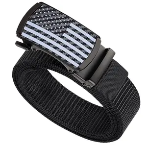 Men's Tactical Ratchet Belt, made of nylon webbing, featuring an automatic sliding buckle and adjustable length to fit any body type