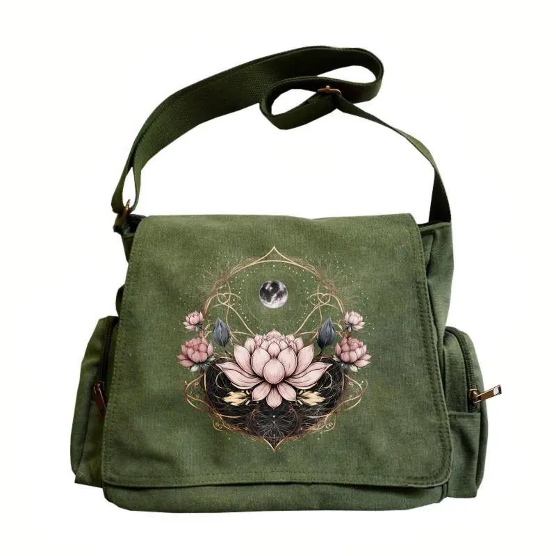 Women's Large-Capacity Flap Crossbody Bags for Women - Retro Mysterious Lotus and Moon Pattern Bag, Ideal for Everyday Outings and Travel, Perfect Gift Choice