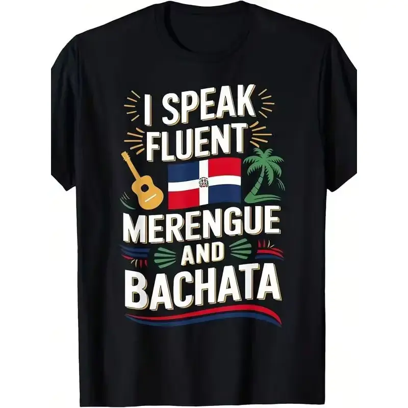 Men's Casual Short-Sleeve Cotton T-Shirt - Dominican Merengue & Bachata Dance Print, Breathable Gym Summer 2026 Menswear Tops, Pure Fabric