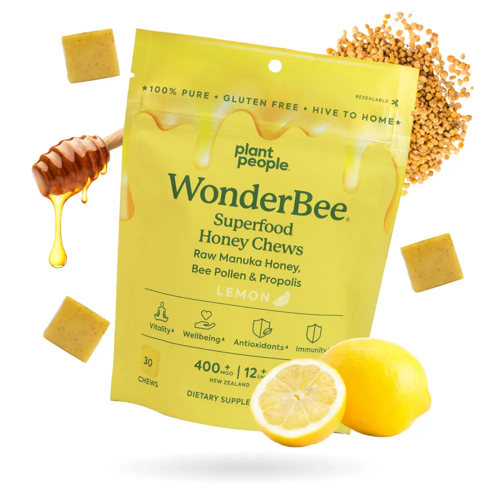 WonderBee Superfood Manuka Honey Chews by Plant People, All Natural Raw Ingredients, Organic Lemon Flavor WonderBee Superfood Manuka Honey Chews by Plant People, All Natural Raw Ingredients, Organic Lemon Flavor
