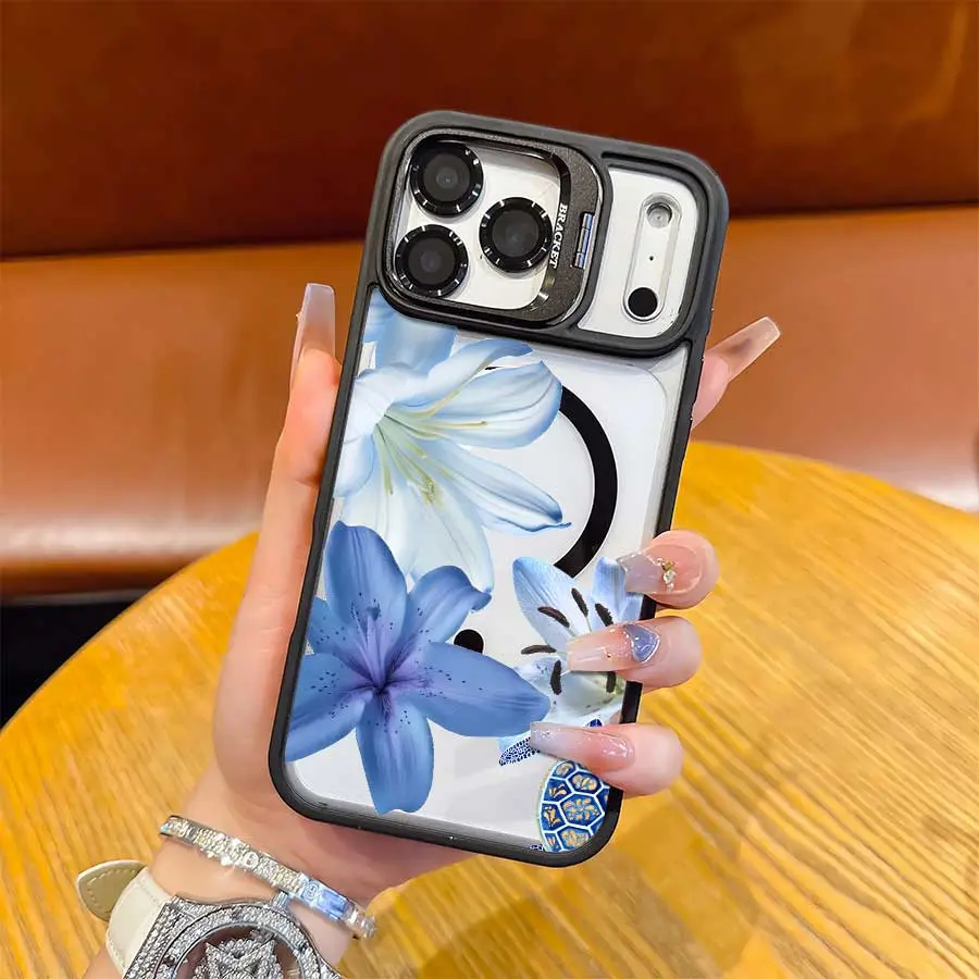 High Clear Contrast Border Magnetic Case With Flip Metal Lens Kickstand, Gradient Soft Blue Lily & Patterned Turtle Print ,With For Iphone17 Pro Max,16, 15, 14 ,13,12And 16Plus. It Makes A Perfect Gift For Birthdays, Holidays