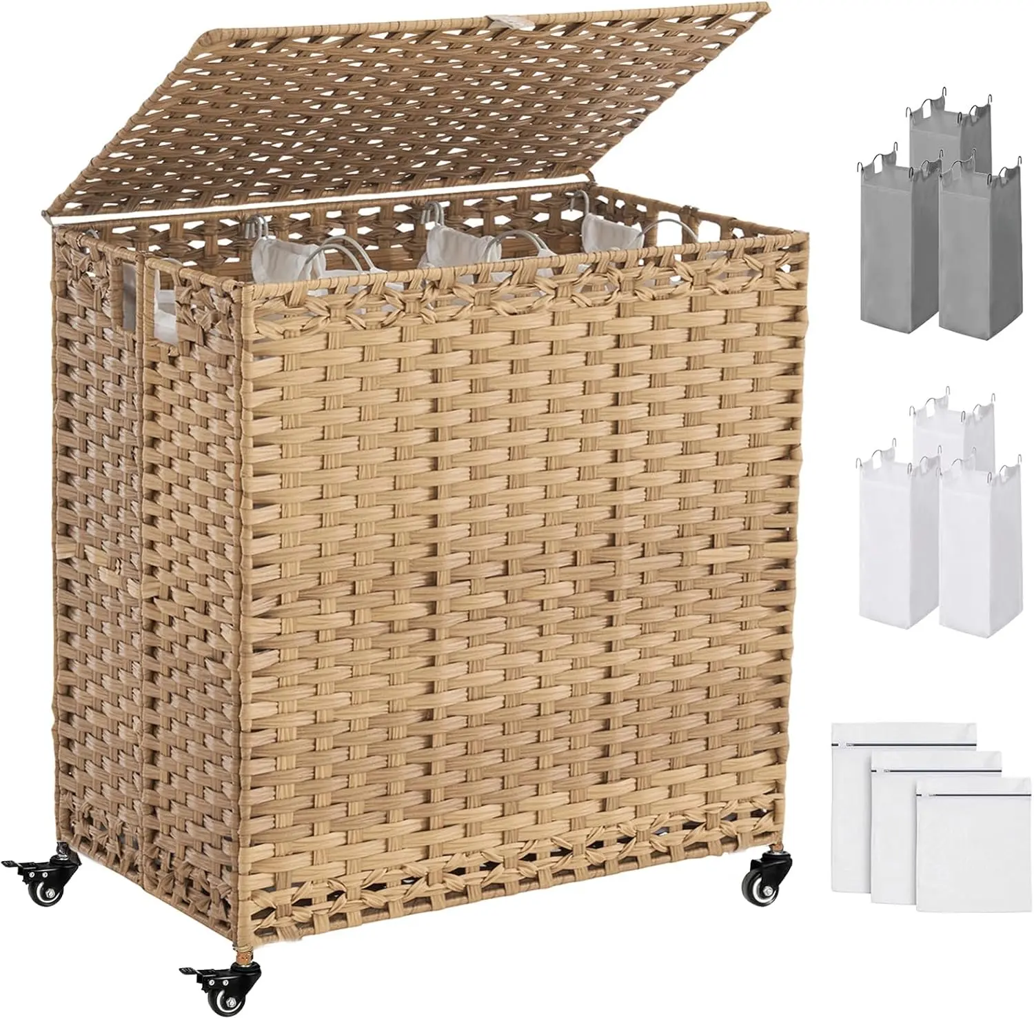 Laundry Hamper with Wheels&Lid, 50.2 Gallons(190L) Rolling Laundry Basket with Wheels, 3-Section Laundry Hamper, Handwoven Rattan Clothes Hamper with 6 Removable Liner& 3 Mesh Laundry Bags,