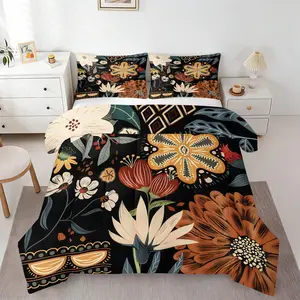 Boho Style Vintage Floral Quilted Comforter Set, Warm Microfiber Bedding, Includes 1 Quilt and 1-2 Pillowcase, Bold Ethnic Flower Print Bed Linen, Stylish All Season Bedroom Decor for Cozy Home