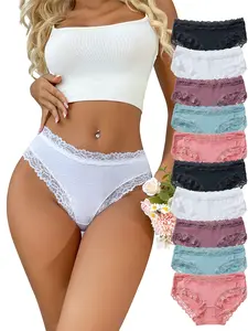 DORSU Women’s Sexy Cotton Lace Thong Panties, Comfortable & Breathable, Fashionable Solid Color Low-Rise Design, Suitable for Everyday Wear (Pack of 10)
