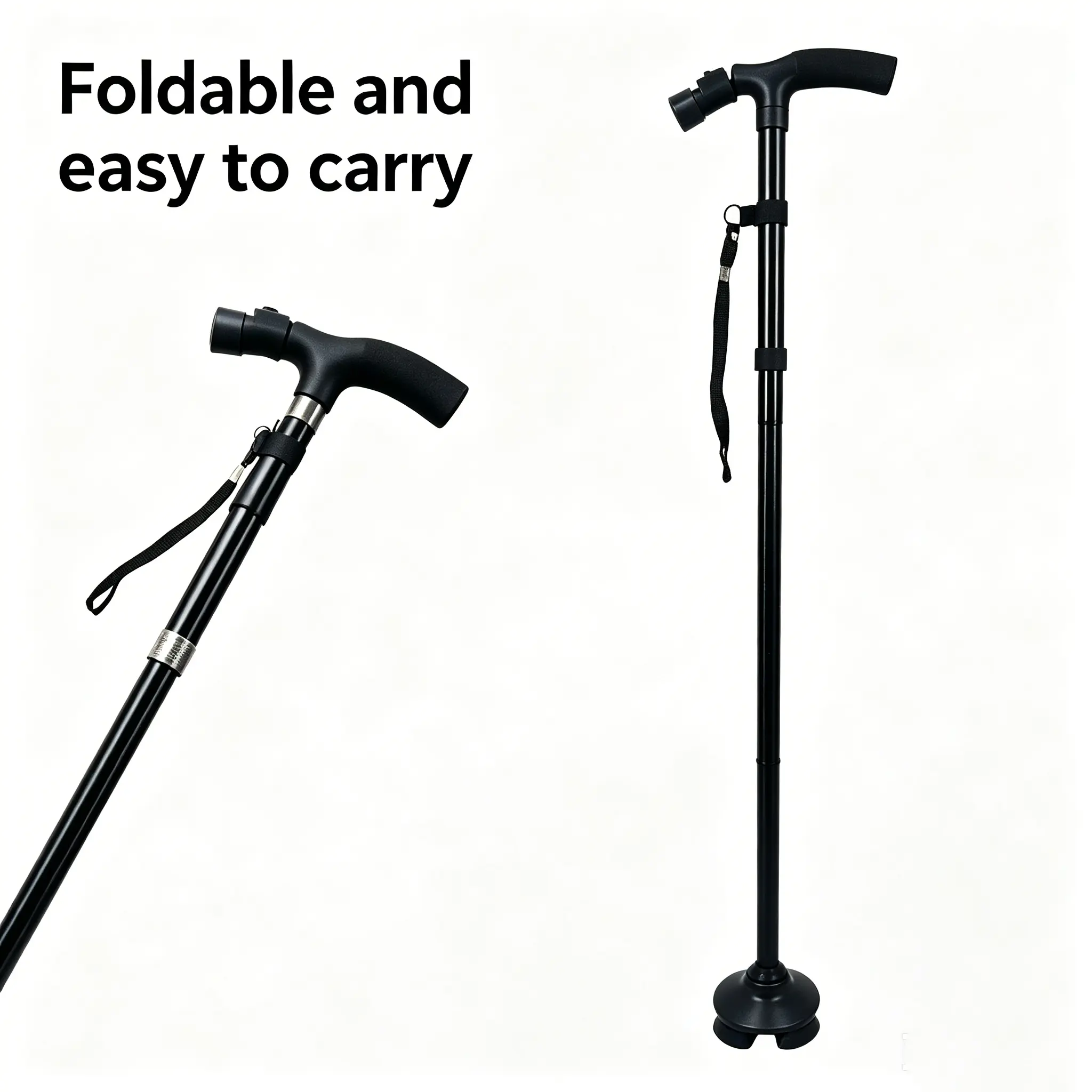 Foldable walking stick with angle-adjustable LED Light for Adults,Sturdy & Lightweight Aluminum Alloy cane with a Comfortable Grip and Non-Slip Quad Base,hiking stick,walking staff for elderly,walking cane for women,rubber bases,durable walking stick