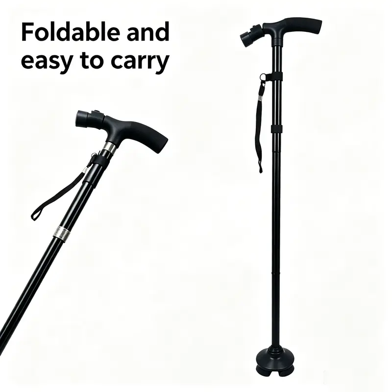Adults' Collapsible Aluminum Alloy Hiking Stick - Durable, Foldable, Retractable, Angle-Adjustable LED Light, Comfortable Grip, Anti-Skid Quad Rubber Base, Lightweight Sturdy Outdoors Camping Hiking Pole