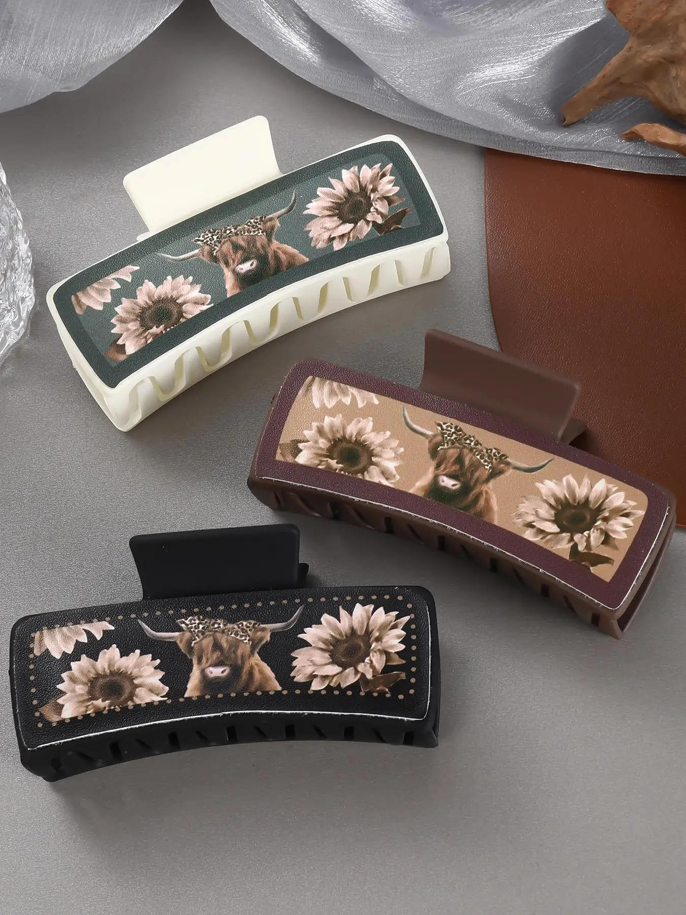 3pcs Vintage Sunflower & Cow Print Hair Claws, Fashionable Hair Accessories for Women & Girls, Casual Versatile Hair Accessories for Daily Wear, Barre