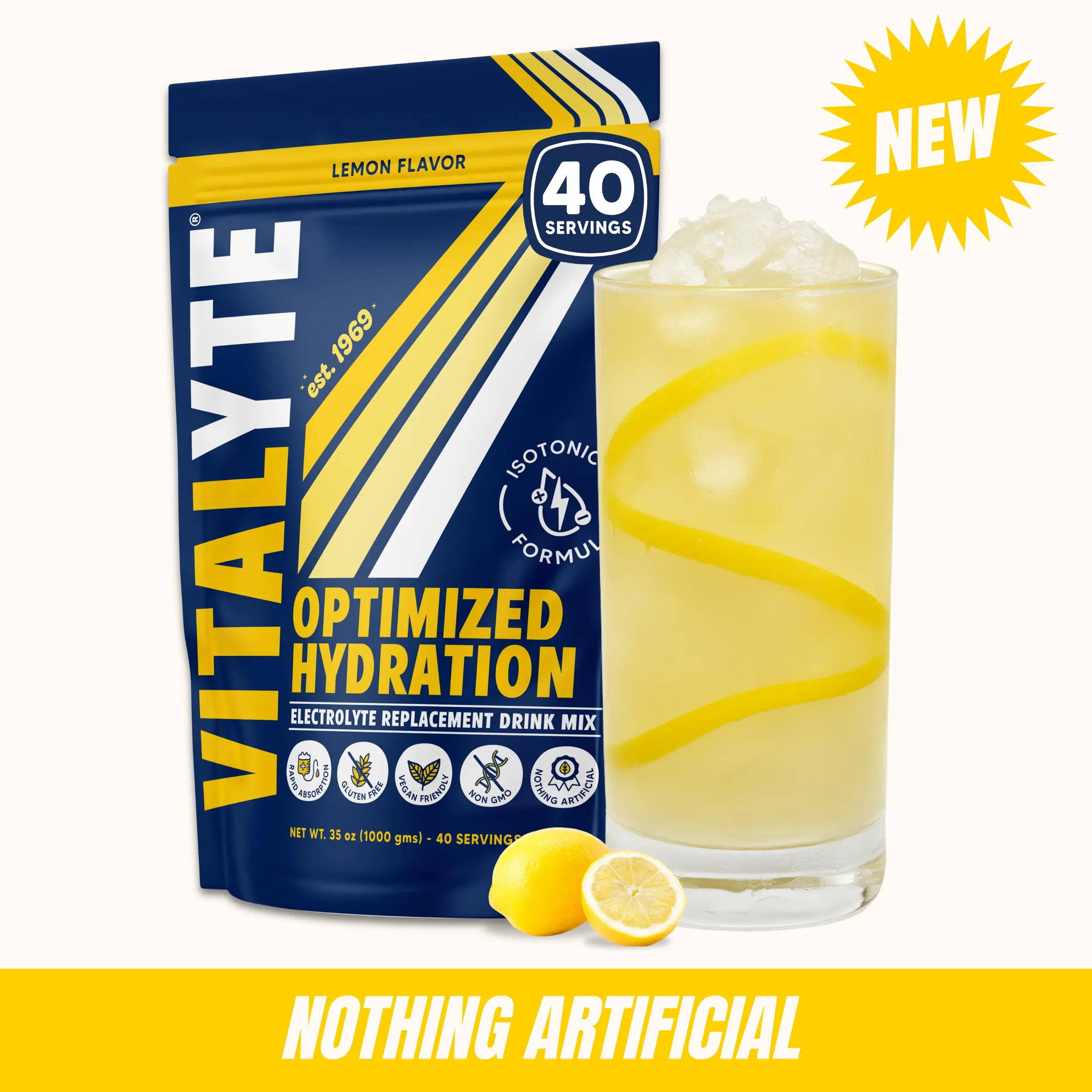 Vitalyte Optimized Hydration Stand Up Pouch - Lemon Flavor 40 Servings Electrolyte Replacement Drink Mix with Vitamin C Gluten-Free No Additives