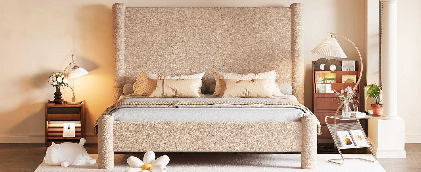 AMERLIFE Modern Bed Frame, Boucle Upholstered Bed Frame with Charging Station, Platform Bed with Soft rounded Corners, Easy Assembly, No Box Spring Required