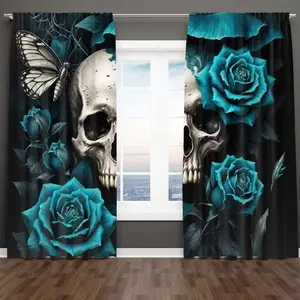 2 pieces of Gothic skull and greenish-blue rose printed curtains, made of polyester with semi-transparent texture, machine washable, suitable for bedrooms, living rooms and home decoration curtains.