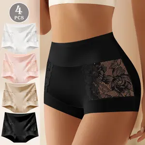 QUASTI 4 Pack Women's High Waist Lace Patchwork Panties, Seamless Soft Breathable Milk Silk Smooth Sweet  Anti Roll Edge Briefs, Mix Colors Sexy Comfort Everyday Lingerie Set Gift Full Coverage Underwear, S-XXL