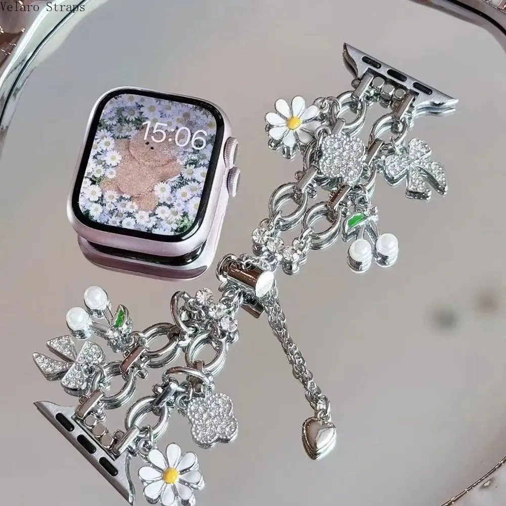 Elegant Adjustable Stainless Steel Charm Bracelet Strap for Apple Watch Series 11/10/9/8/7/6, Fashion Jewelry Band Fits 38/40/41/42/44/45/49mm iWatch