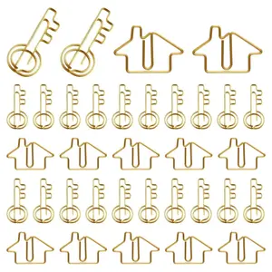 100PCS Real Estate Agent Supplies, 50 House Shaped Paper Clips and 50 Key Shaped Wire Clips with Clear Storage Boxes, Cute Office Gifts for Real Estate, Home, Classroom (Gold)
