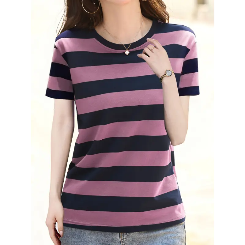 t-shirt Women'S Casual Striped T-Shirt - Navy & Brown, Short Sleeve, Round Neck, Polyester, Lightweight, Spring/Summer Top, Everyday Tshirt | Round Neck Shirt | Knit Construction, Ladies T Shirts
