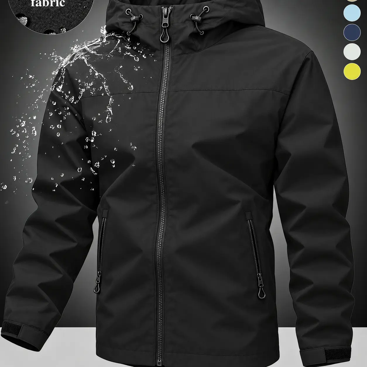 Men's Waterproof Windproof Hooded Raincoat, Full Zipper Windbreaker, Drawstring Hat, Elastic Sleeve Cuffs, Lightweight Outdoor Jacketmens