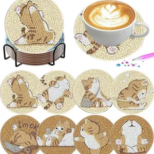 8 pieces/set of diamond art painting coasters with brackets, DIY animal cat pattern diamond art coasters, suitable for both adults and beginners as diamond painting sets, diamond set craft supplies, exquisite gifts for friends