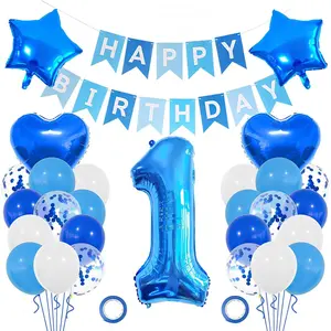 1st Birthday Decoration for Boys,Blue White 1st Birthday Balloon with 40 Inch Blue Number 1 Balloon Heart Star Balloons Happy Birthday Banner for 1 Year Old Party Supplies