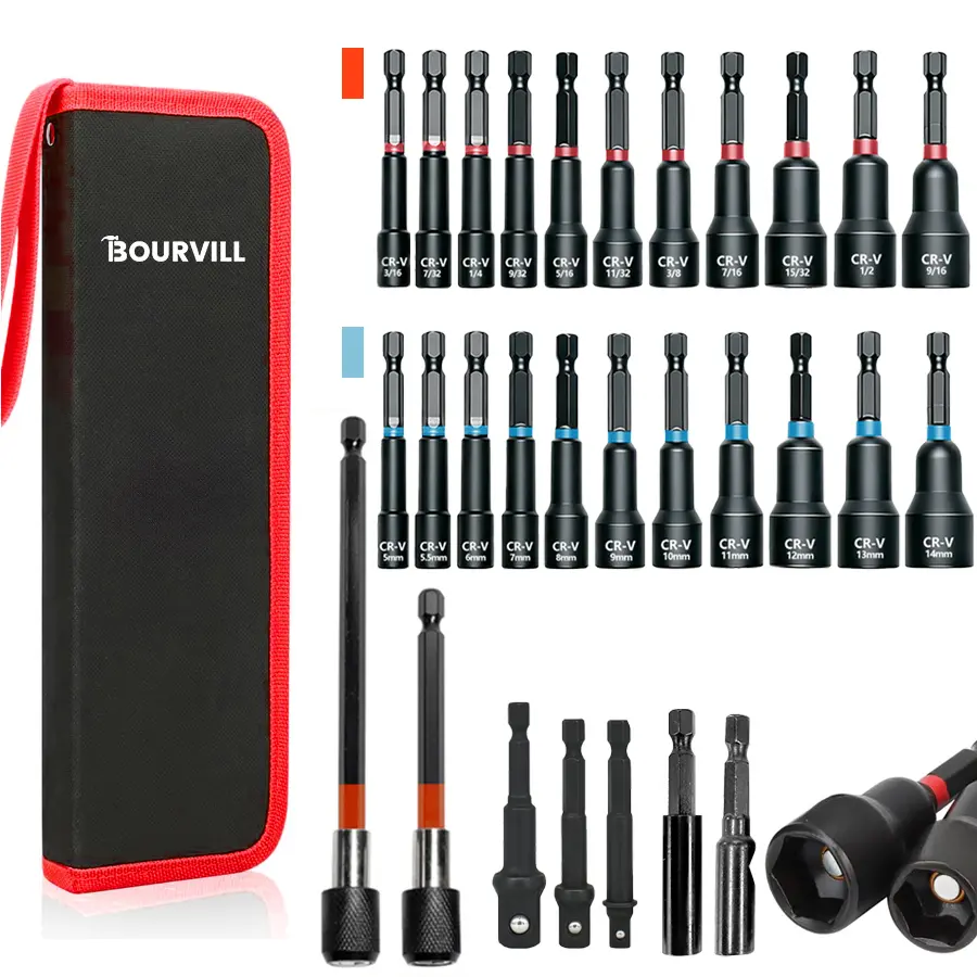 29PCS Magnetic Nut Driver Set, Impact Drill Driver Bit 1/4" Hex Shank, SAE & Metric Cr-V Steel Power Nut Drivers with Quick-release Extensions, Impact Socket Adapters, Bit Holder and Storage Bag