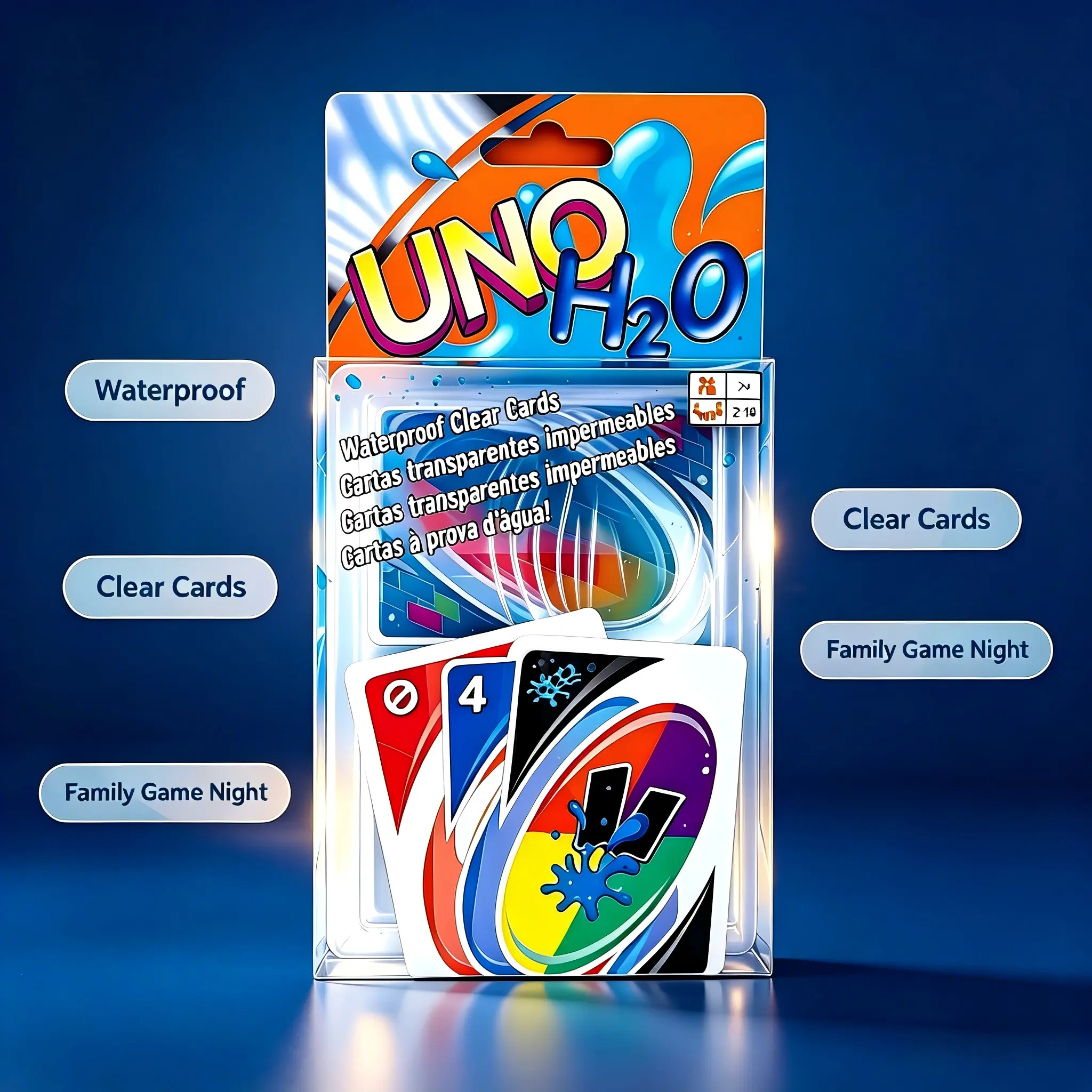 UNO H2O Waterproof Clear Cards Durable Plastic Tear Resistant Family Game For Pool Beach Hot Tub Travel 2-10 Players Ages 7+