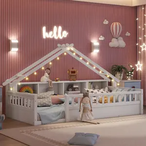 Twin XL Size Floor Bed with Storage Bookshelves and Light, Solid Wood Montessori House Bed with Roof
