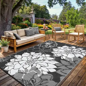 Floral Print Outdoor Rug Large Size Double-Sided Reversible Garden Decor Rug with Storage Bag and Tacks Washable UV Protection for Patios Balconies Porches Beaches RVs Picnics carpet