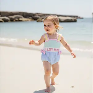 Infant Baby Girl Bubble Romper Sleeveless Ruffled I Love Mom Dad Onesie Bodysuit Summer Clothes Mothers and Fathers Day Outfits