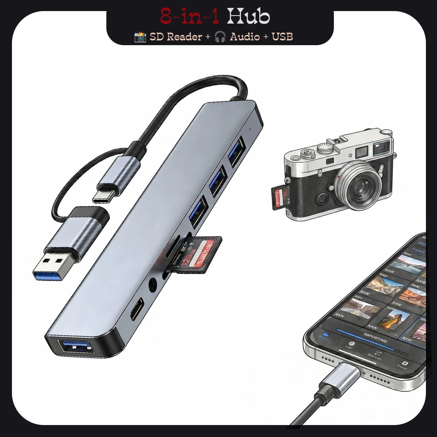 8 port Phone Hub with 4 3.0 USB-A Ports 1 USB-C Port Splitter Converter TF SD Card Slot 3.5mm Audio Head Phone Jacks for MacBook IPad IPhone 17 16 15 Pro Laptop Galaxy More Sd Card Reader