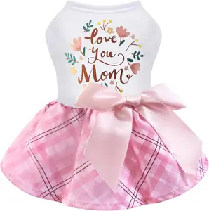 Dress Love You Mom, Mother's Day  Dresses Puppy Skirt Pet Apparel Daisy Sleeveless Holiday Clothes for Small Dogs Girls and Cats,  Plaid, Medium