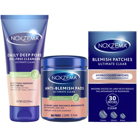 Noxzema Ultimate Clear Anti-Blemish Pads (90), Blemish Patches (30) + Daily Deep Pore Oil-Free Cleanser (6 Oz)