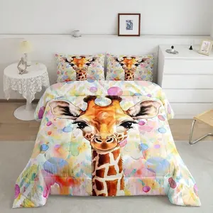 3-piece Cute Giraffe Colorful Bubble Quilted Duvet Set (1 Duvet + 2 Pillowcases without Pillow Inserts), featuring U-shaped quilting. The duvet contains 200gsm filling, suitable for all seasons. It is breathable, skin-friendly, soft, durable, and machin
