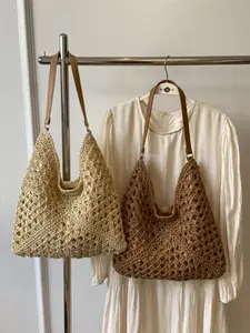 Spring Summer Beach Vacation Shoulder Bag, Vintage Floral Design Straw Woven Handbag, Classic Color Block Hollow Out Crossbody Bag