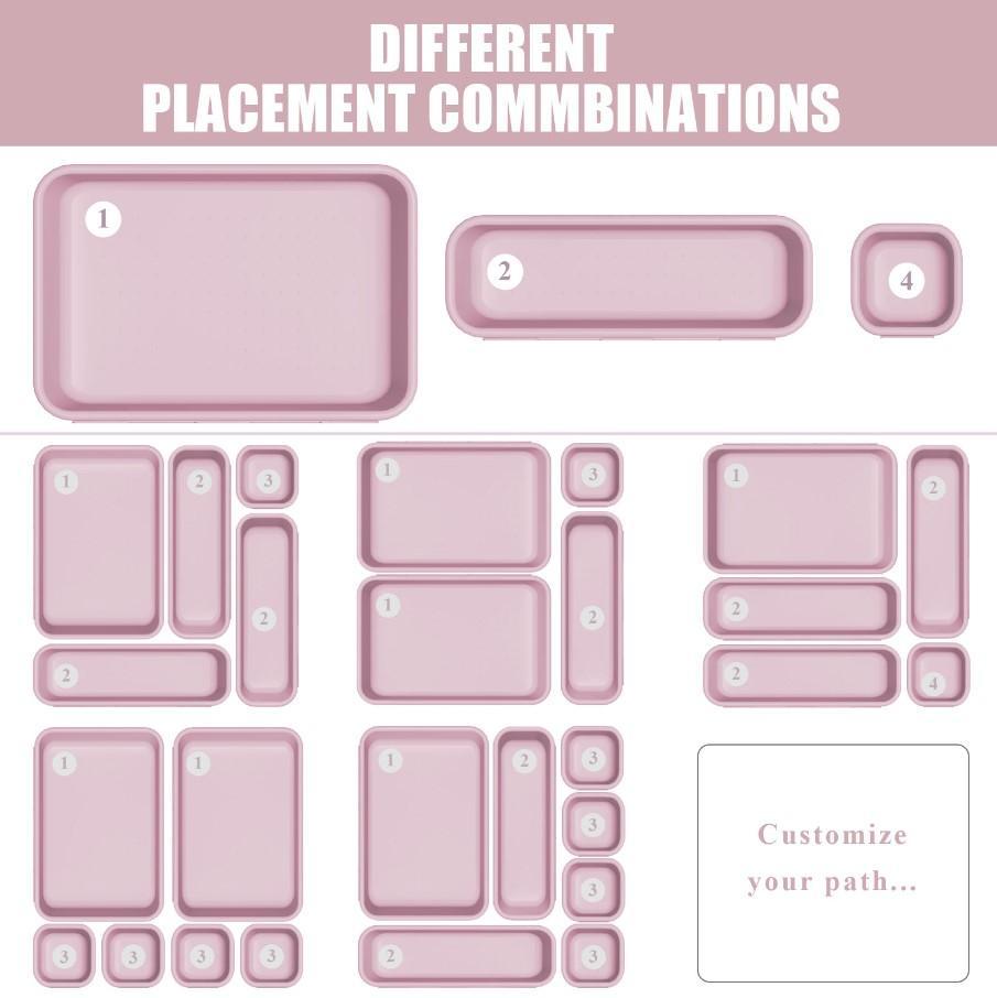 16 Pcs Green & Purple Drawer Organizer Set 3-Size Plastic Storage Trays Versatile Drawer Dividers for Makeup Jewelry Utensils Kitchen Bathroom Office Desk