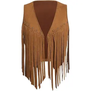 Women's Fringe Vest Crop Jacket 70s Hippie Faux Suede Tassel Cardigan