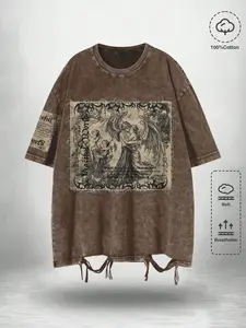 American Vintage Washed Angel Print T-Shirt, 100% Cotton, Ripped Hem Design, Street Style, Casual Loose Fit, All over Print