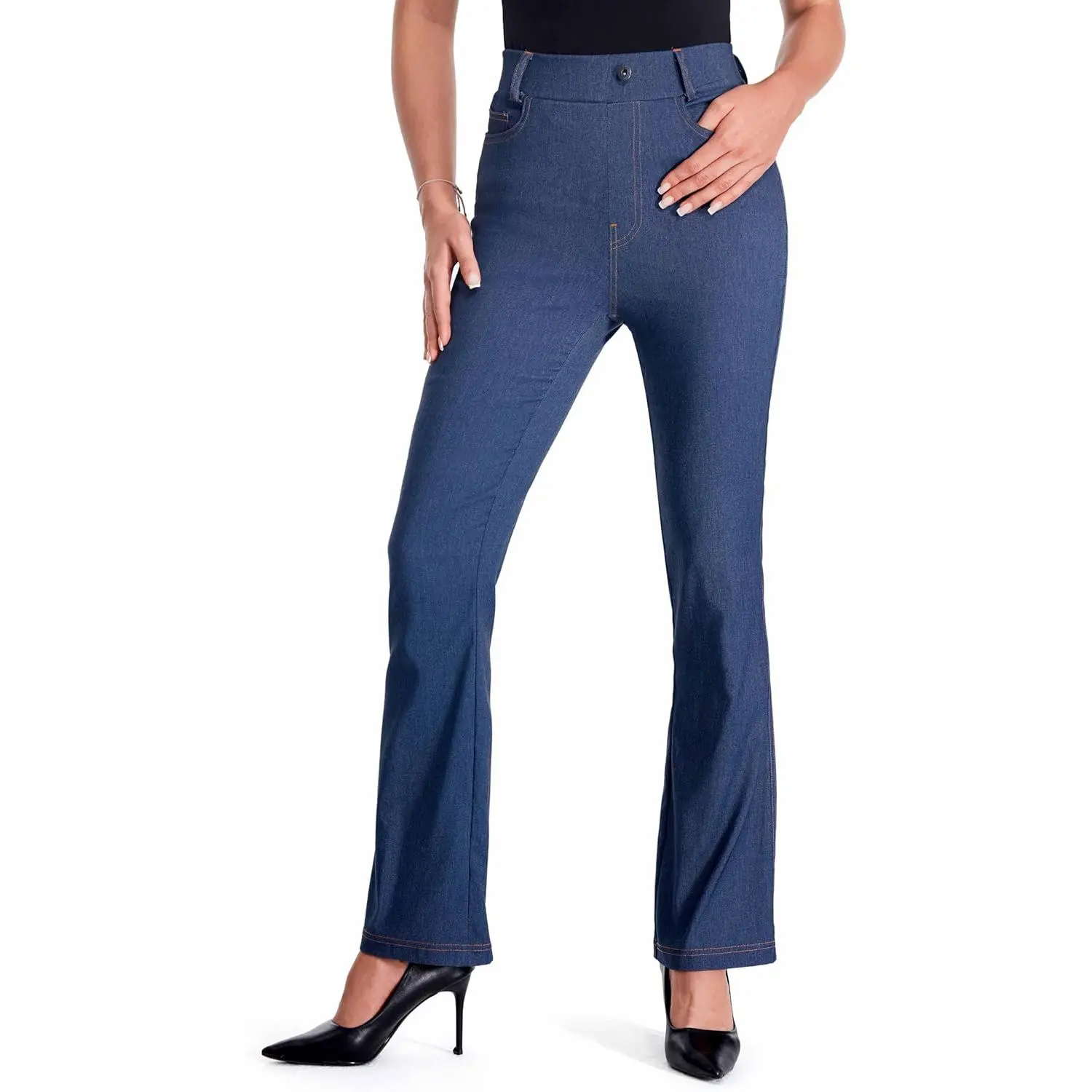 Women's High Waisted Flare Jeggings, Comfy Pull-On Pants with an Elastic Waistband, Stretchy Denim-Like Fabric with 5 Pockets, Streetwear, Day, Button, Embroidered, Casual, Chic, Jeans, Bottoms, Fitted