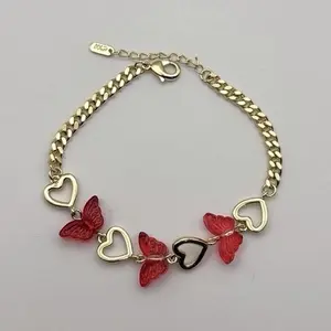 High Quality Gold Laminated Butterfly Bracelet with Red Butterfly Charms and Heart Links