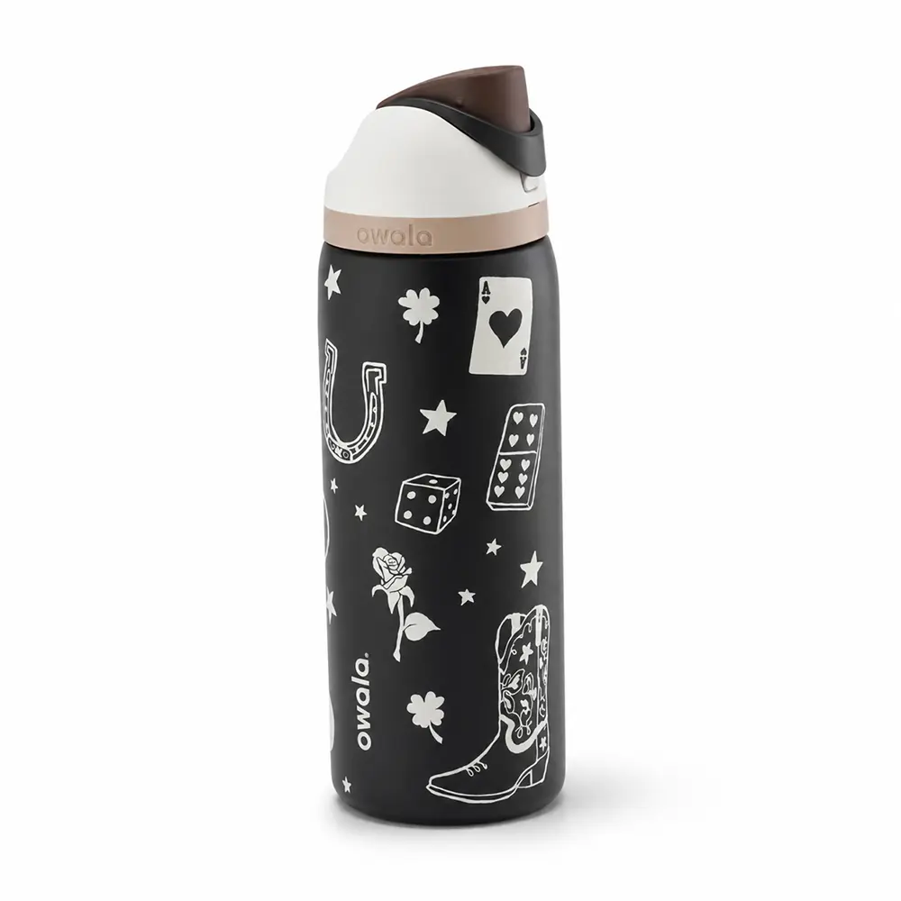 Owala FreeSip Black Western Cowgirl Stainless Steel Water Bottle – Cowboy Boot, Horseshoe & Lucky Charm Print Insulated Bottle with Built-In Straw