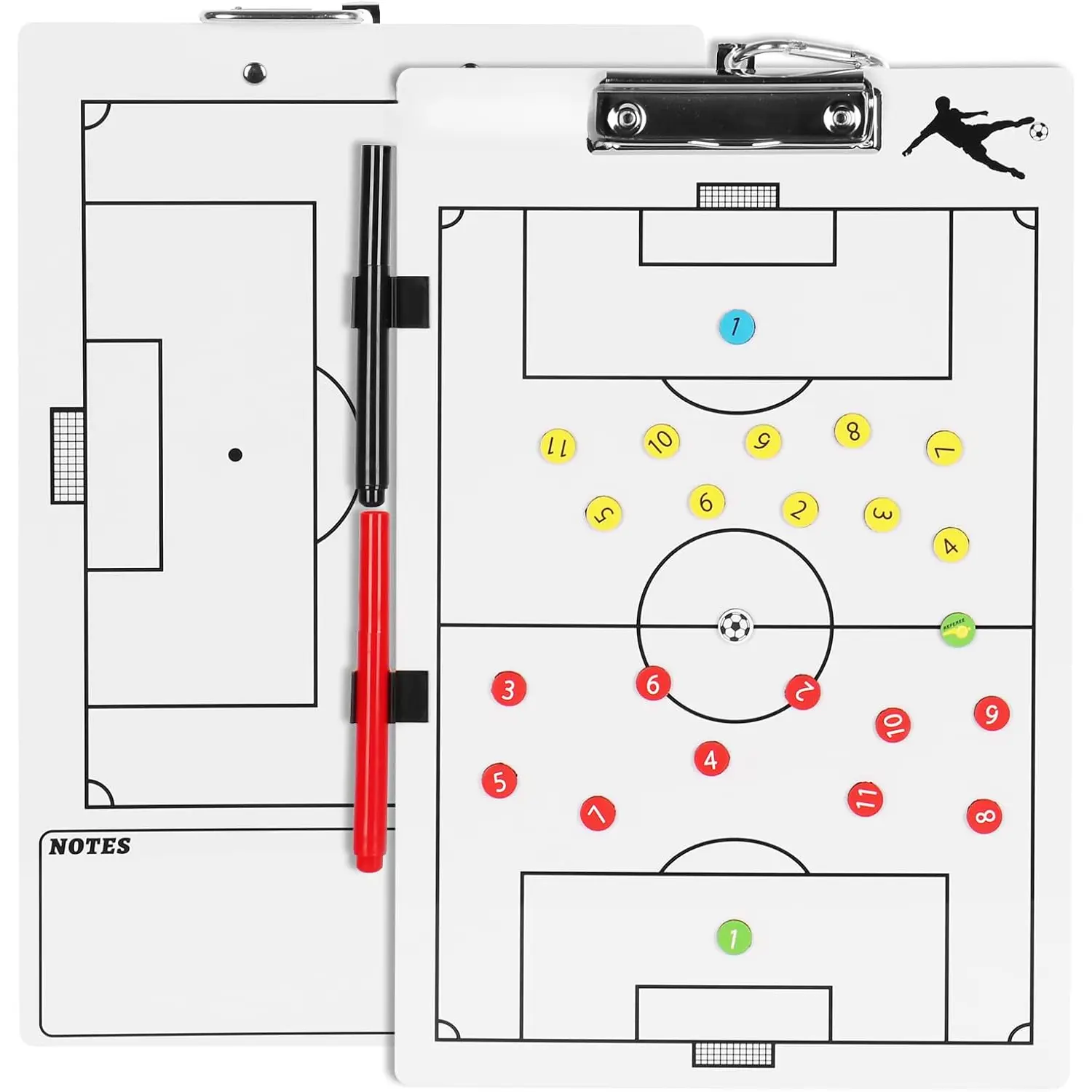 Soccer Coaches Clipboard, White Double-Sided Dry Erase  Board, Tactics Whiteboard with Color  Sticker and 2 Markers for Coaches