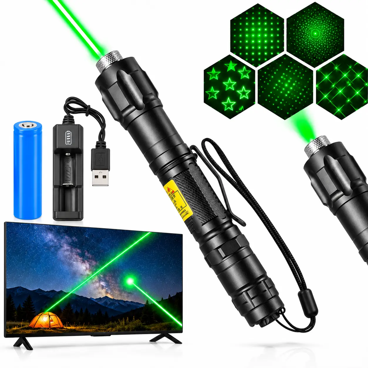 Green Presentation Pointer with Adjustable Focus and Kaleidoscope Cap, Rechargeable Aluminum Alloy Handheld Design with Pocket Clip, Battery Charger
