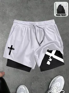 Men's Street Fashion Cross Print Knit Drawstring Shorts,2-In-1 Athletic Shorts Perfect For Gym Basketball & Beach Outings Cross Active Drawstring